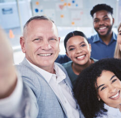 Diversity, selfie and office team friends together in workplace pose for friendly photograph. Unity, happiness and trust of multiracial staff people in corporate business company relationship.